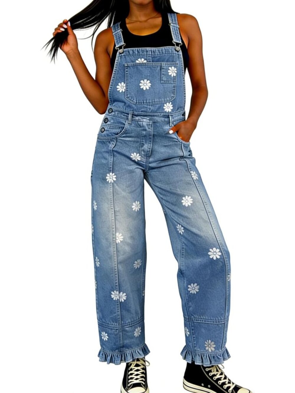 Women's Blue Floral Denim Overalls Baggy Patchwork Barrel Jeans Jumpsuit Floral - Picture 7 of 7